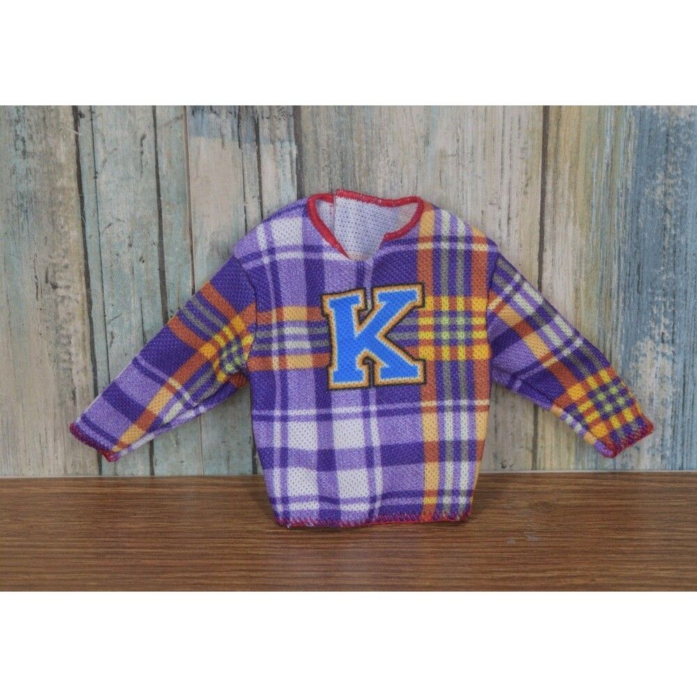 Barbie Ken Doll Clothes Top Shirt Purple Plaid Tartan Varsity Letter K Sweater